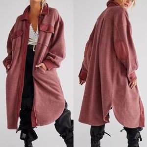 Free People Long Ruby Jacket distressed shacket pink red button up EUC XS